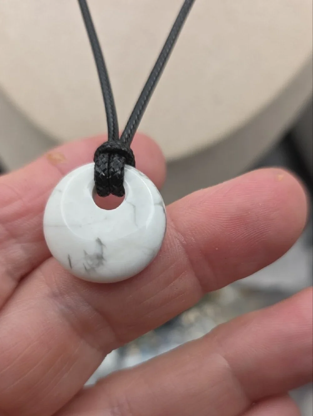 White Howlite Pendant Necklace on Black Cord (2480)